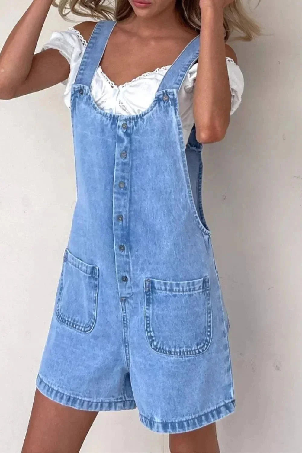 Button Front Denim Overall Shorts with Front Pockets - VILLA FASHION