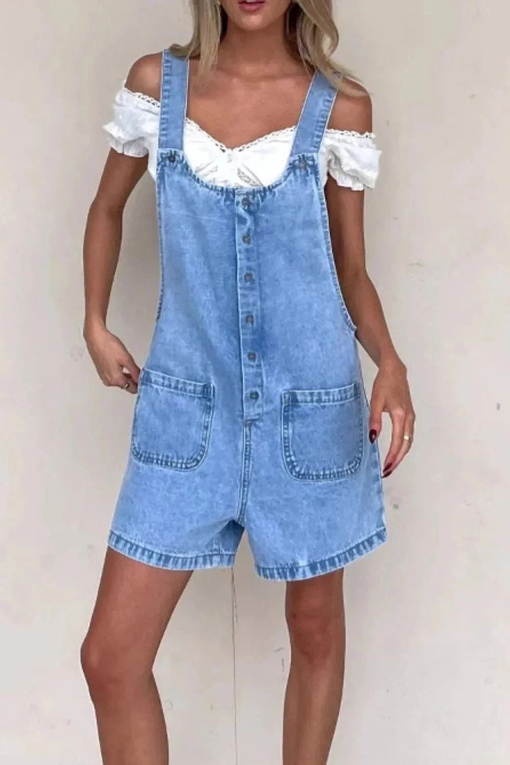 Button Front Denim Overall Shorts with Front Pockets - VILLA FASHION