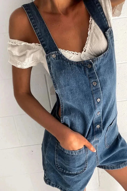 Button Front Denim Overall Shorts with Front Pockets - VILLA FASHION