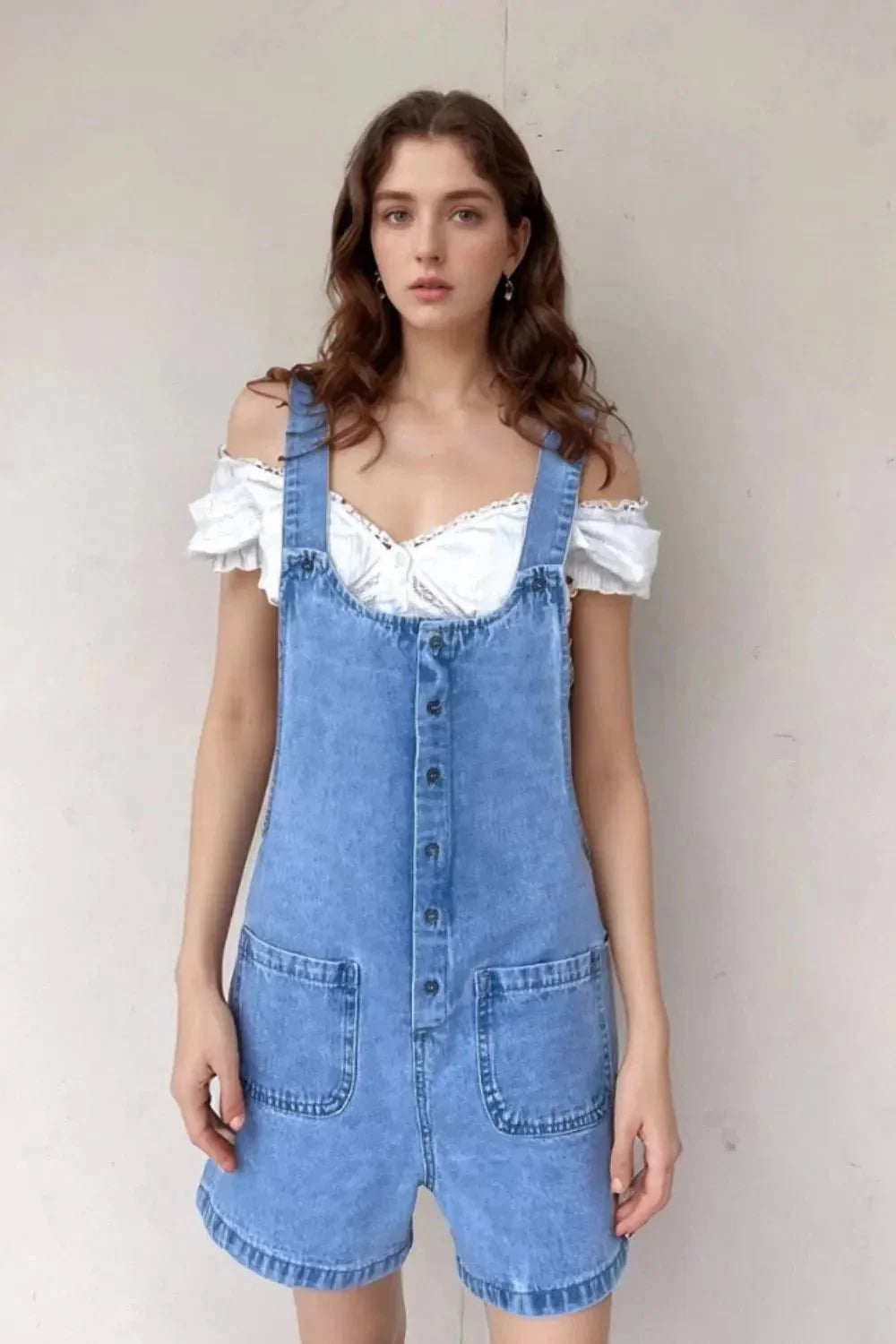 Button Front Denim Overall Shorts with Front Pockets - VILLA FASHION