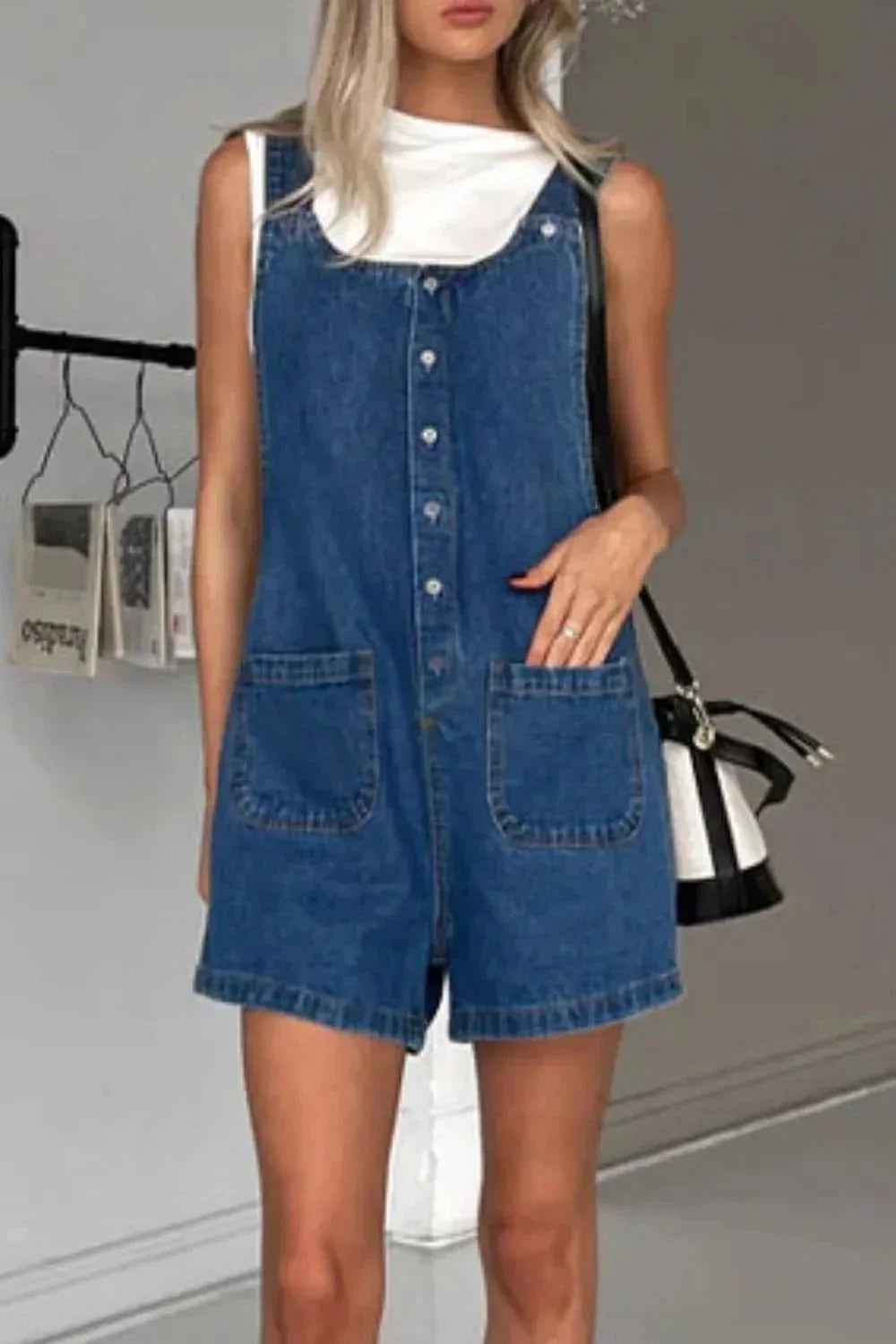 Button Front Denim Overall Shorts with Front Pockets - VILLA FASHION