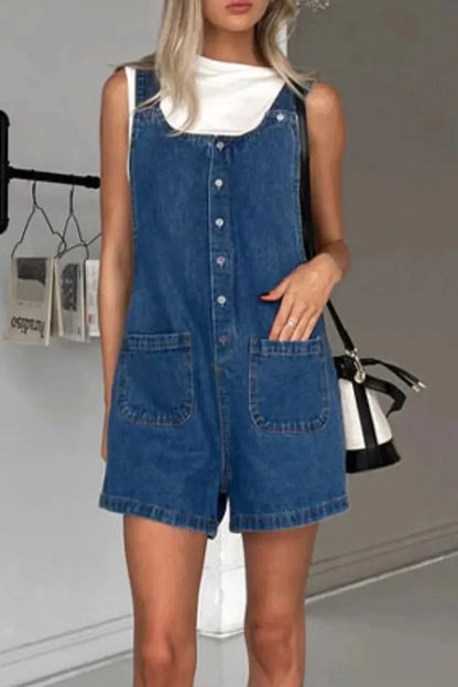 Button Front Denim Overall Shorts with Front Pockets - VILLA FASHION