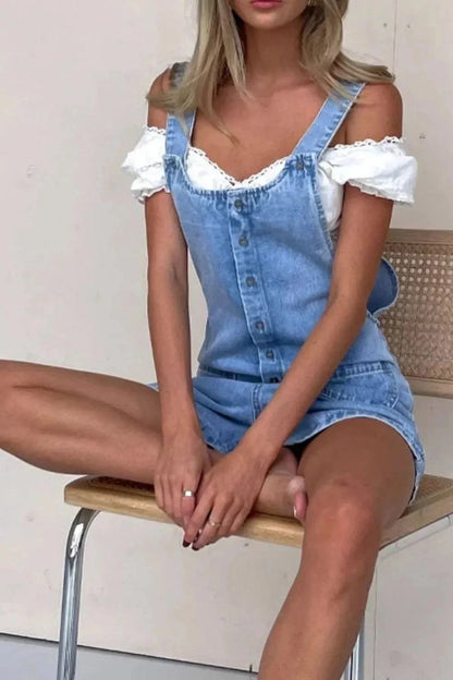 Button Front Denim Overall Shorts with Front Pockets - VILLA FASHION