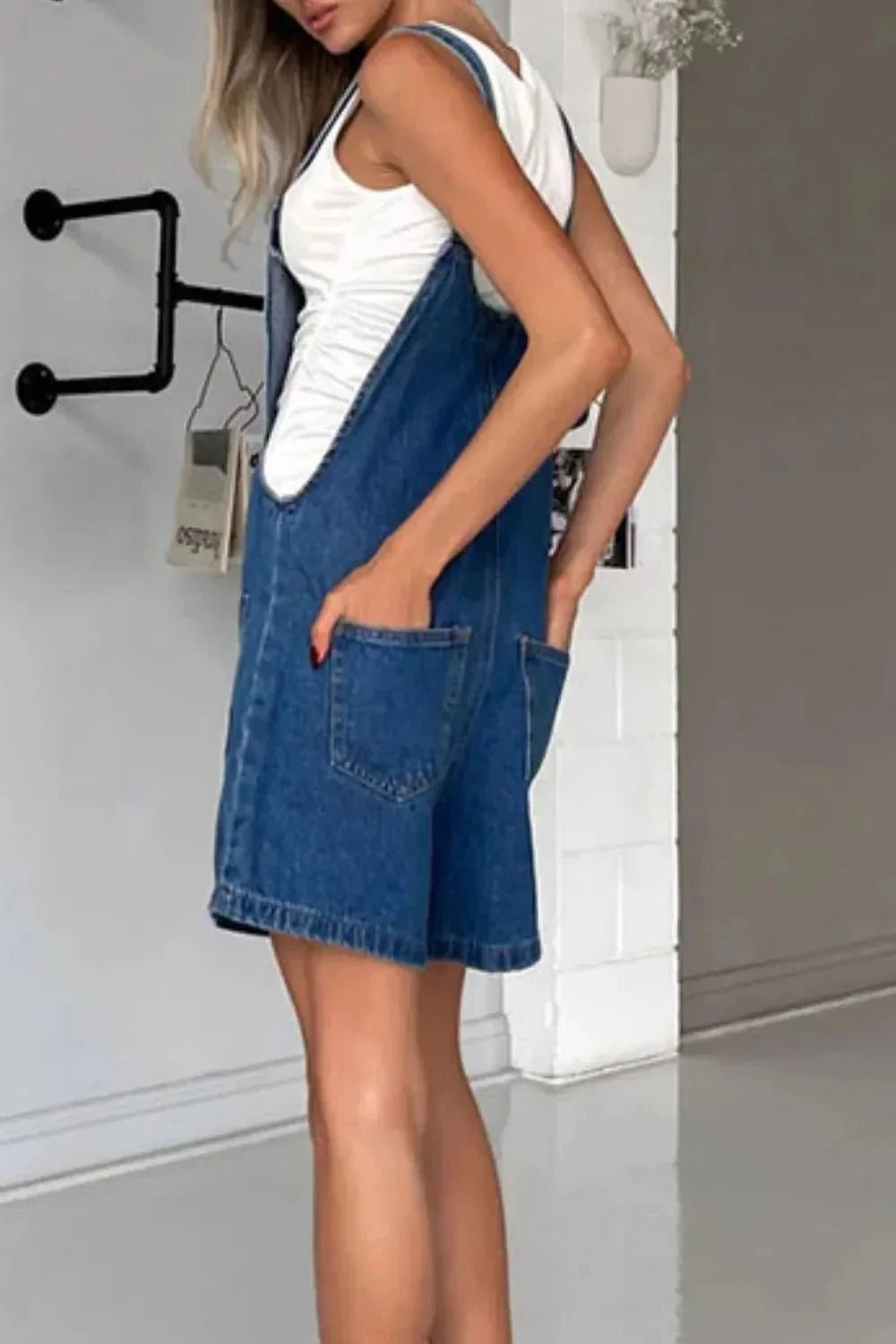 Button Front Denim Overall Shorts with Front Pockets - VILLA FASHION