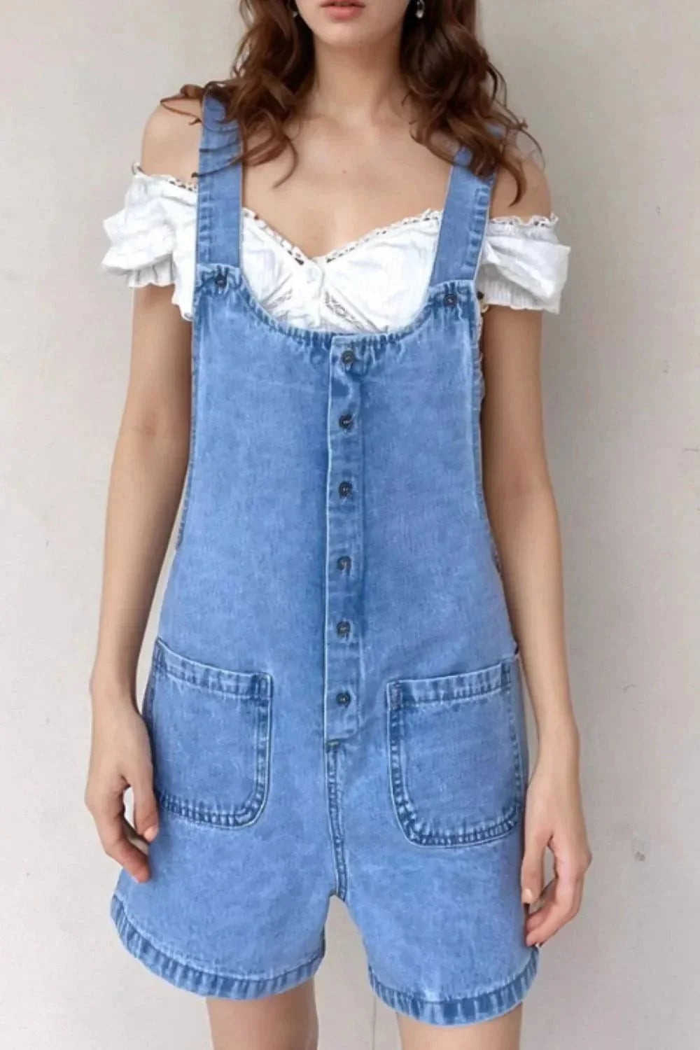 Button Front Denim Overall Shorts with Front Pockets - VILLA FASHION