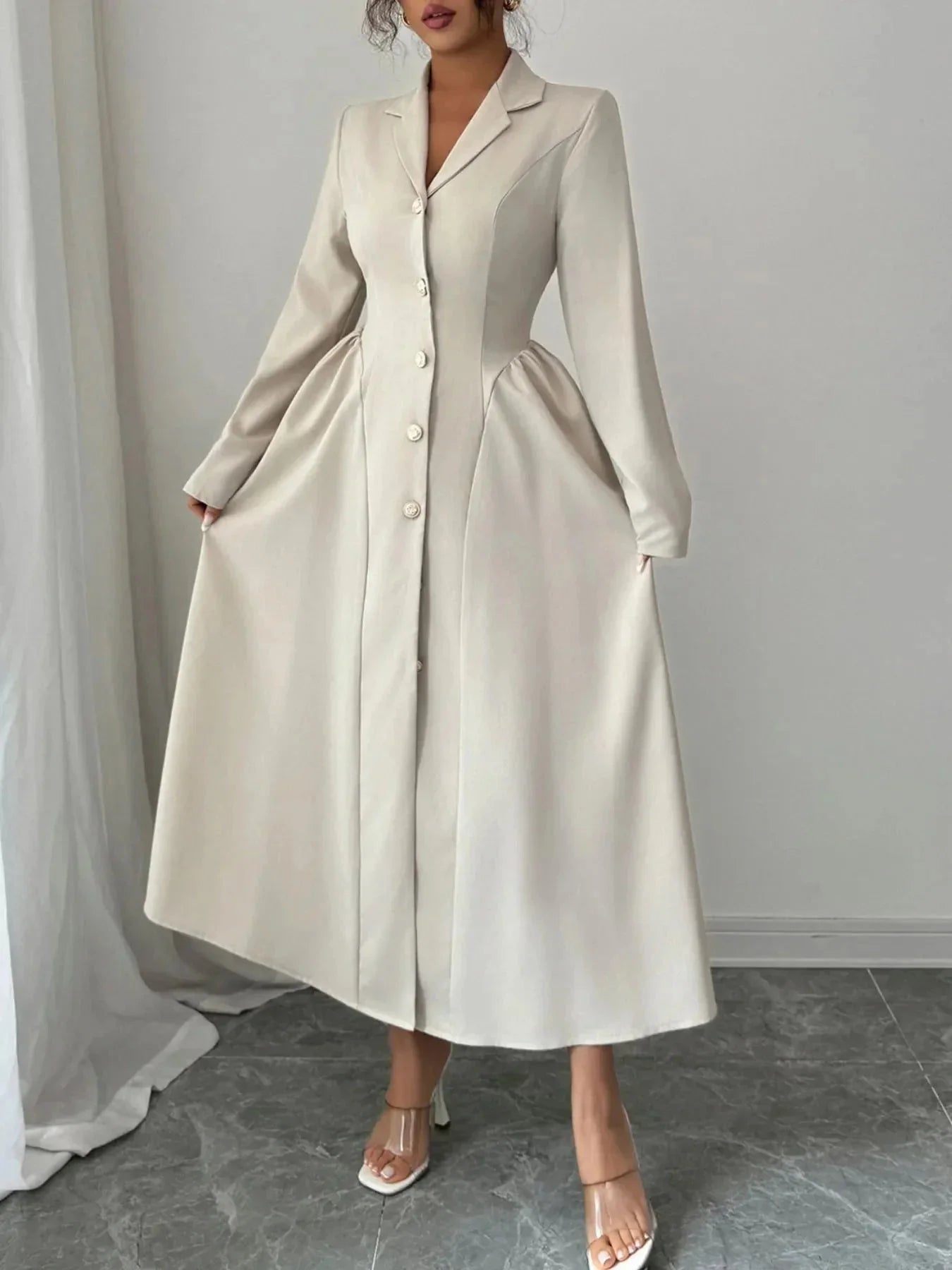 Button - Front Long Sleeve Dress - VILLA FASHION