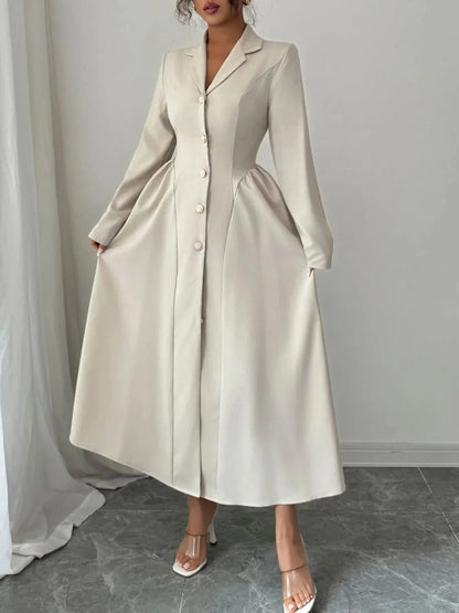 Button - Front Long Sleeve Dress - VILLA FASHION