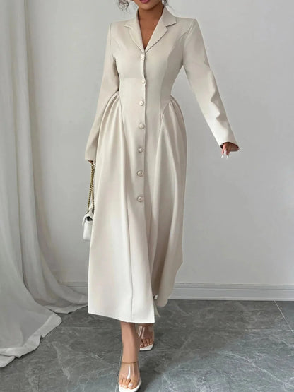 Button - Front Long Sleeve Dress - VILLA FASHION