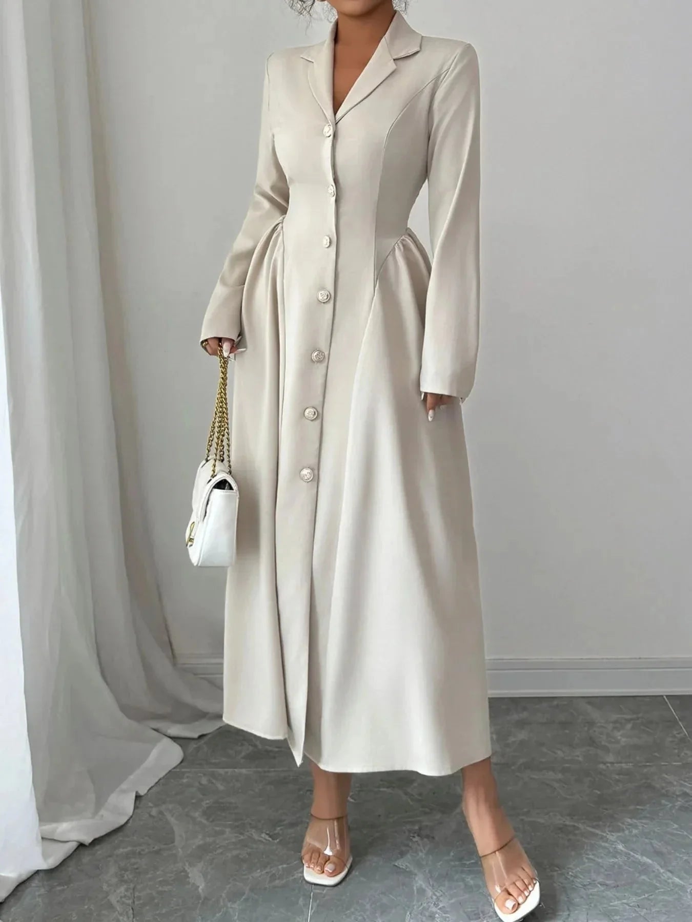 Button - Front Long Sleeve Dress - VILLA FASHION