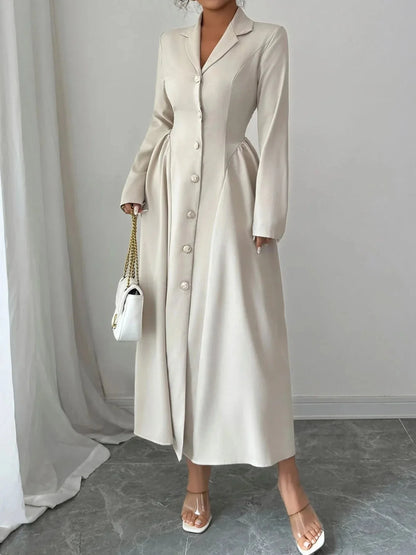 Button - Front Long Sleeve Dress - VILLA FASHION
