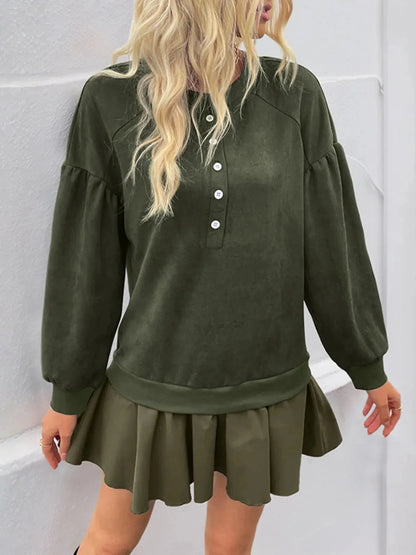 Button Front Mini Sweatshirt Dress - VILLA FASHION