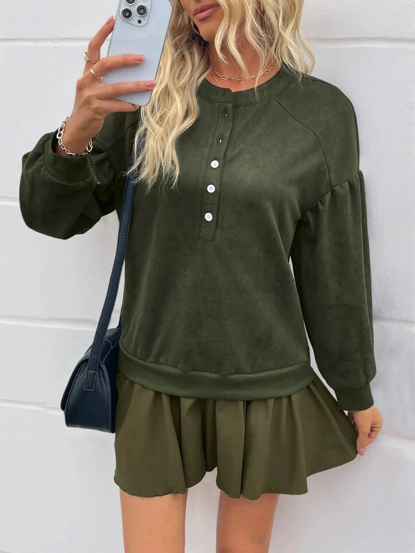 Button Front Mini Sweatshirt Dress - VILLA FASHION