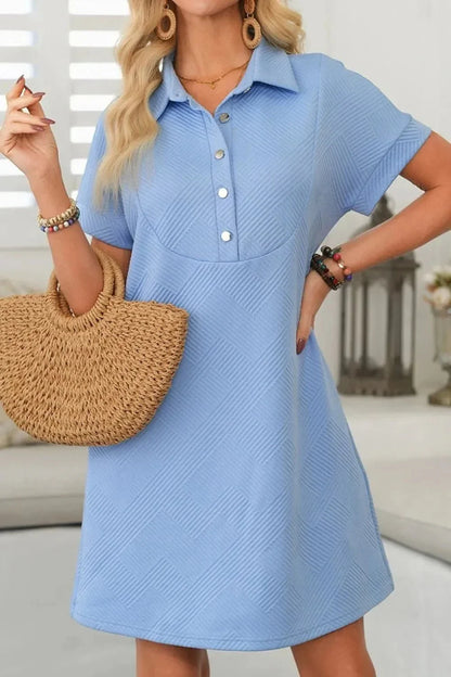Button Front Short Sleeve Mini Dress - VILLA FASHION