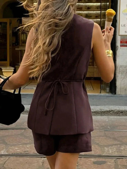 Button Front V - Neck Top and Shorts Set - VILLA FASHION