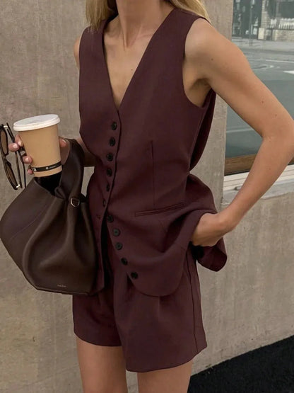 Button Front V - Neck Top and Shorts Set - VILLA FASHION