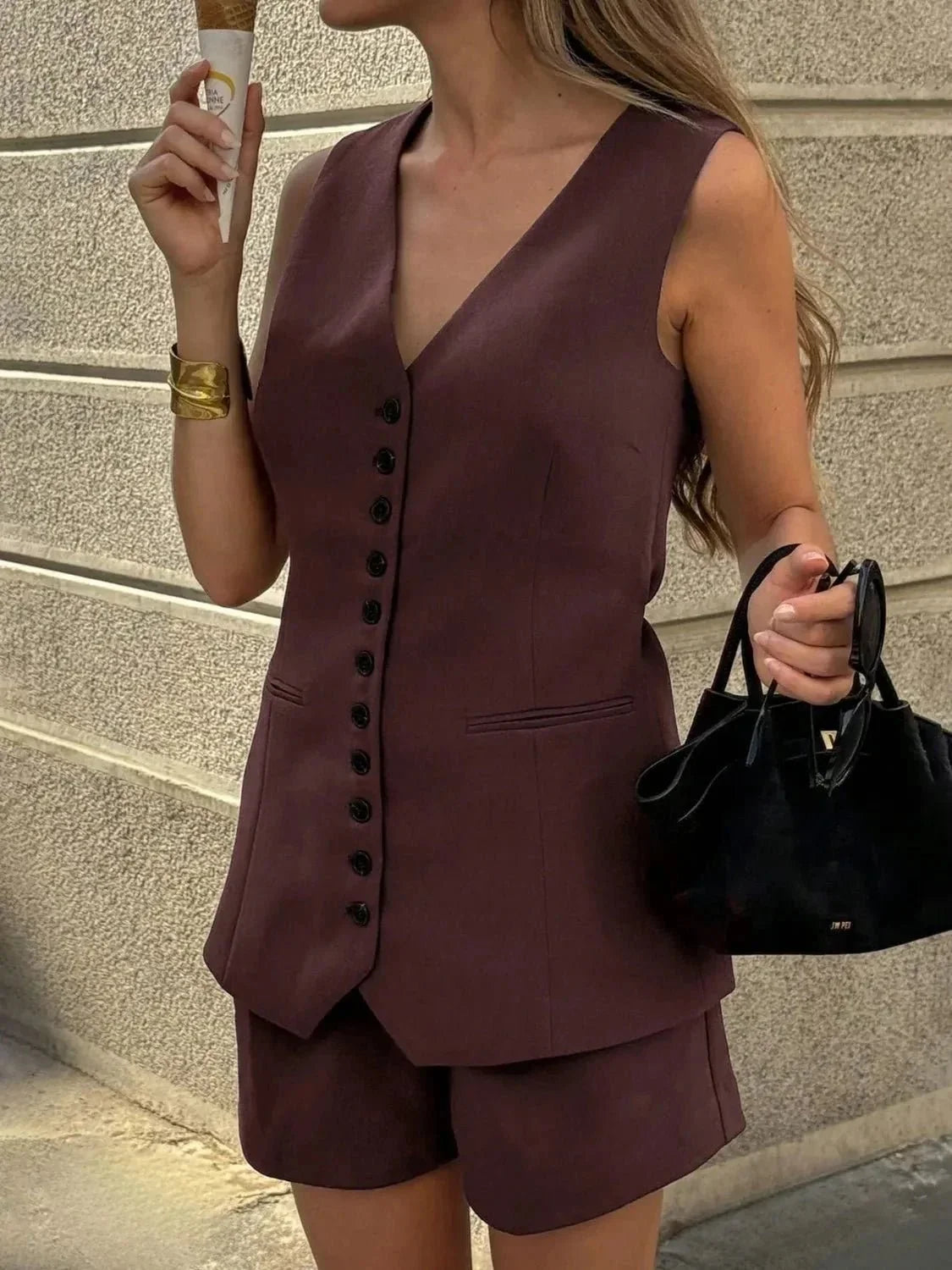 Button Front V - Neck Top and Shorts Set - VILLA FASHION