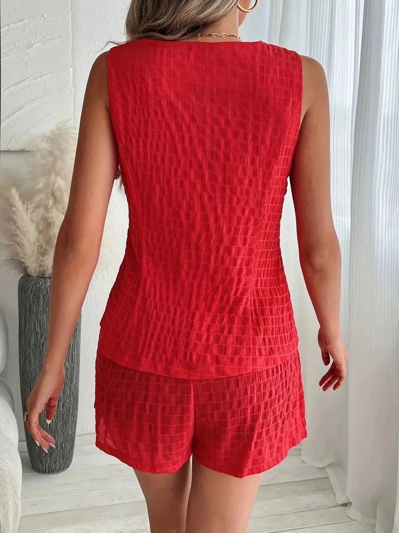 Button - Front Vest and Shorts Set - VILLA FASHION