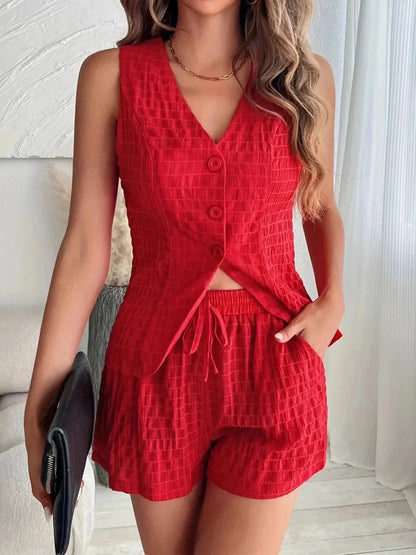 Button - Front Vest and Shorts Set - VILLA FASHION