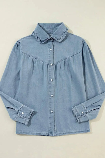 Button Up Long Sleeve Denim Top - VILLA FASHION