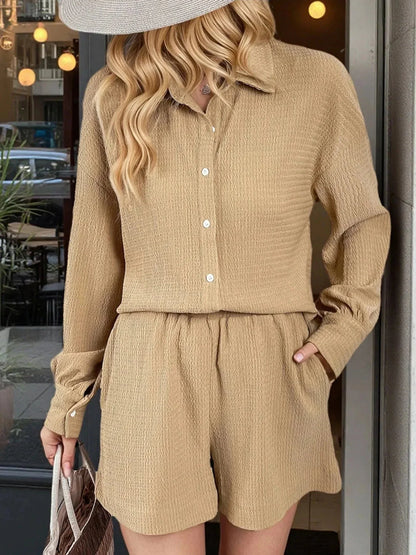 Button Up Long Sleeve Shirt and Shorts Set - VILLA FASHION