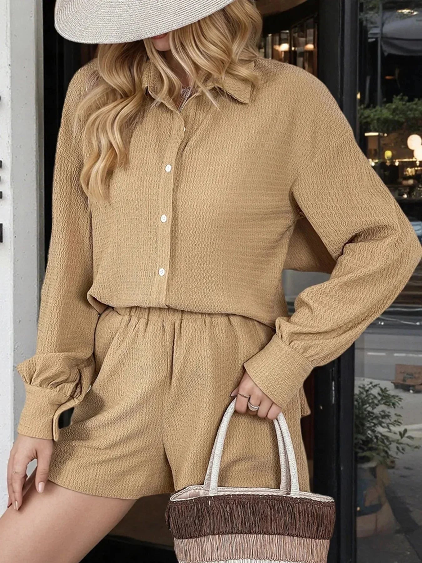 Button Up Long Sleeve Shirt and Shorts Set - VILLA FASHION