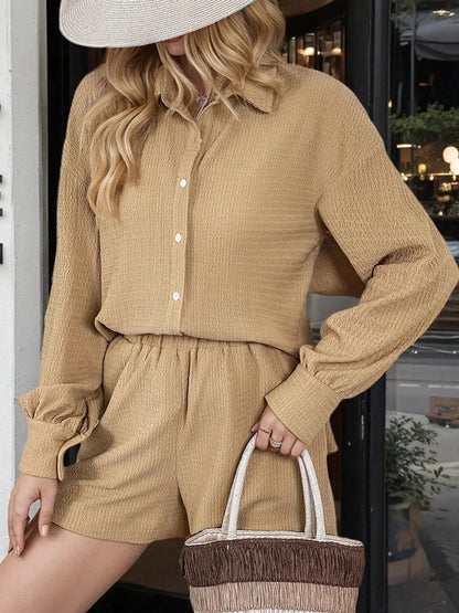 Button Up Long Sleeve Shirt and Shorts Set - VILLA FASHION