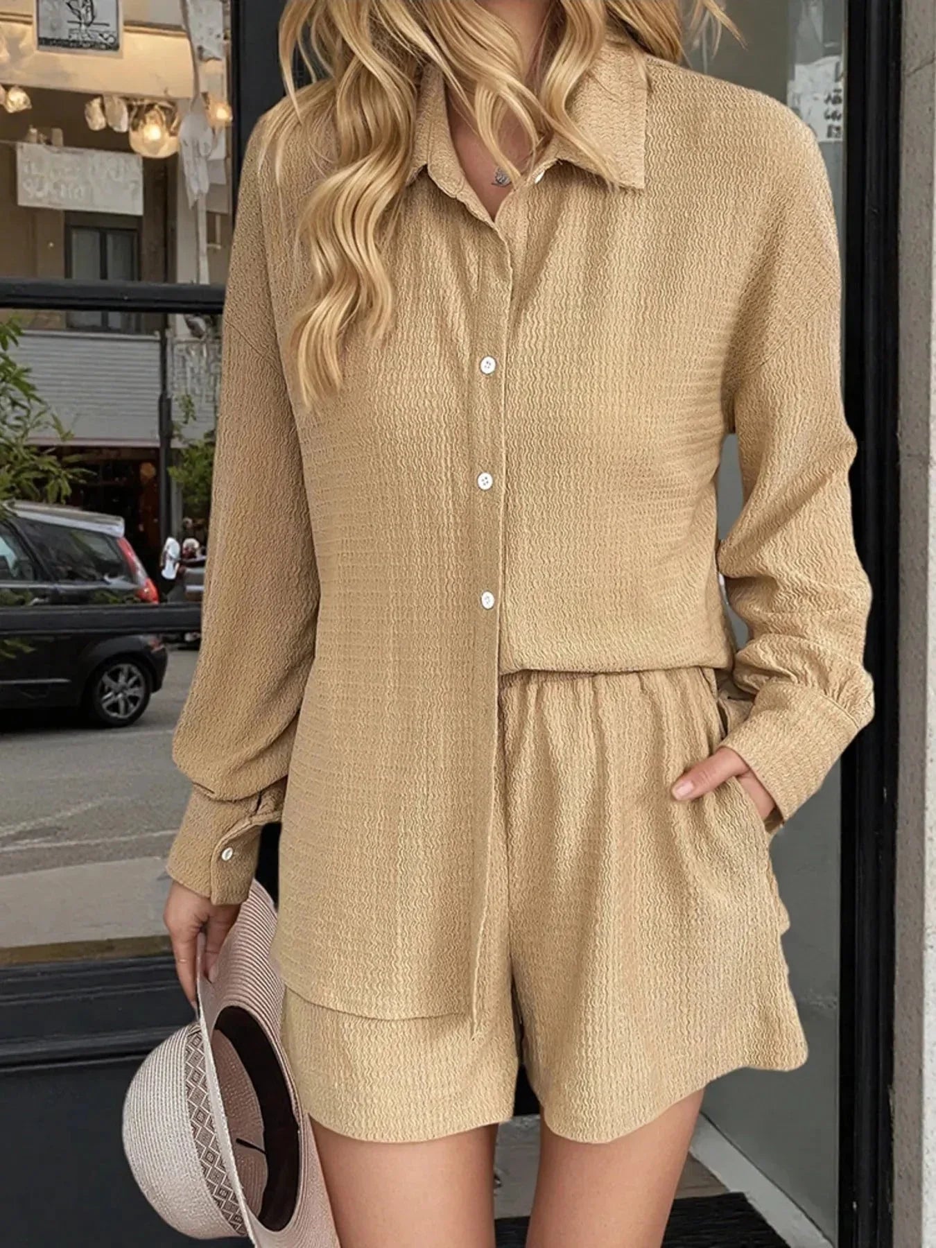 Button Up Long Sleeve Shirt and Shorts Set - VILLA FASHION