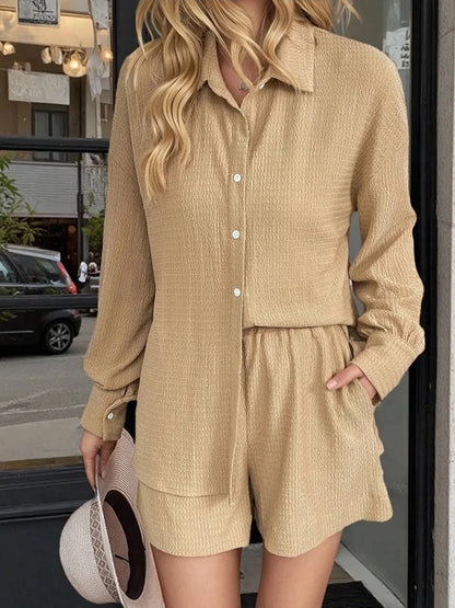 Button Up Long Sleeve Shirt and Shorts Set - VILLA FASHION