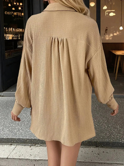 Button Up Long Sleeve Shirt and Shorts Set - VILLA FASHION