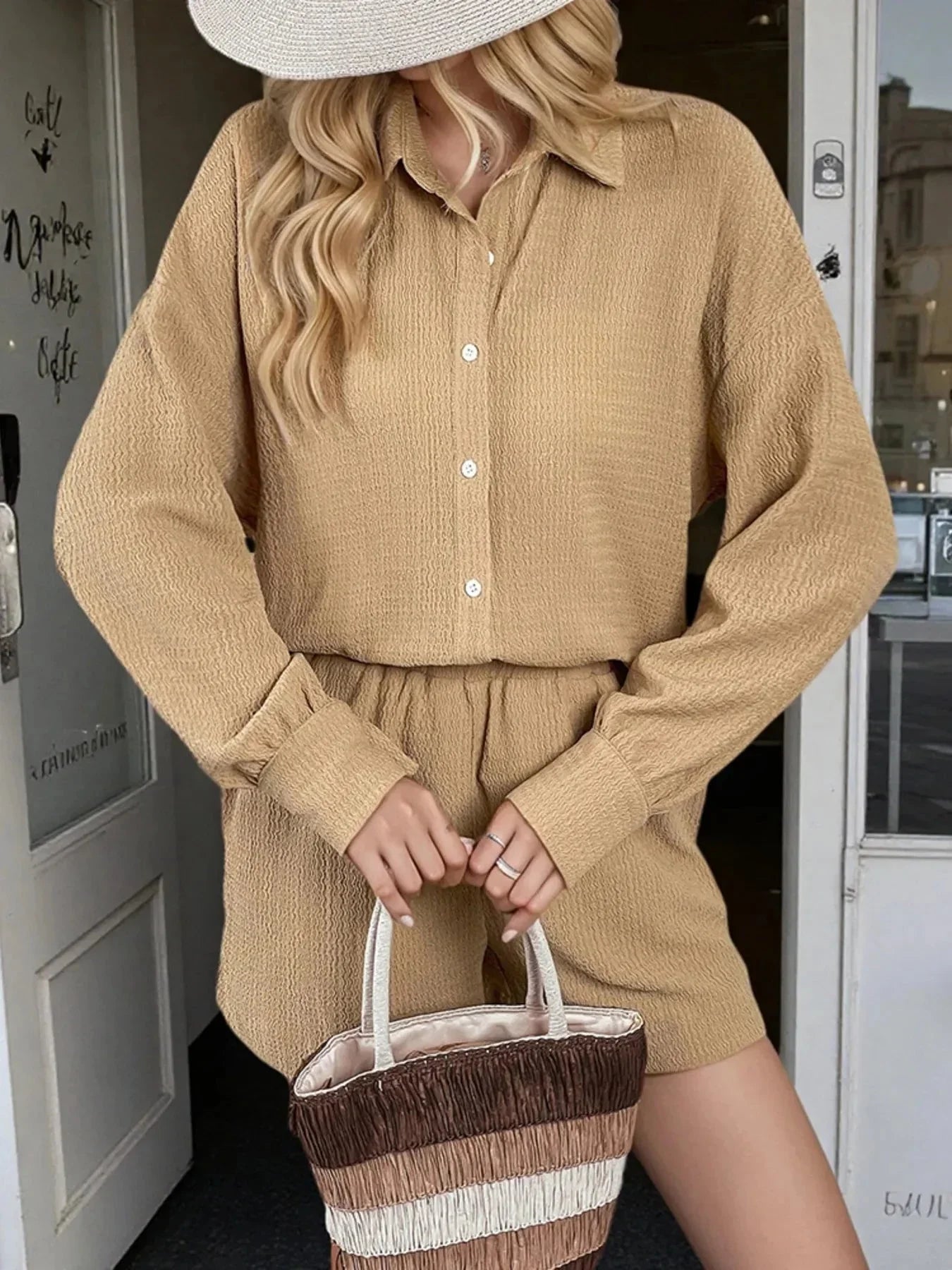 Button Up Long Sleeve Shirt and Shorts Set - VILLA FASHION