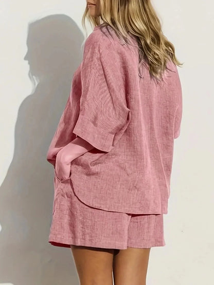 Button - Up Shirt and Shorts Set - VILLA FASHION