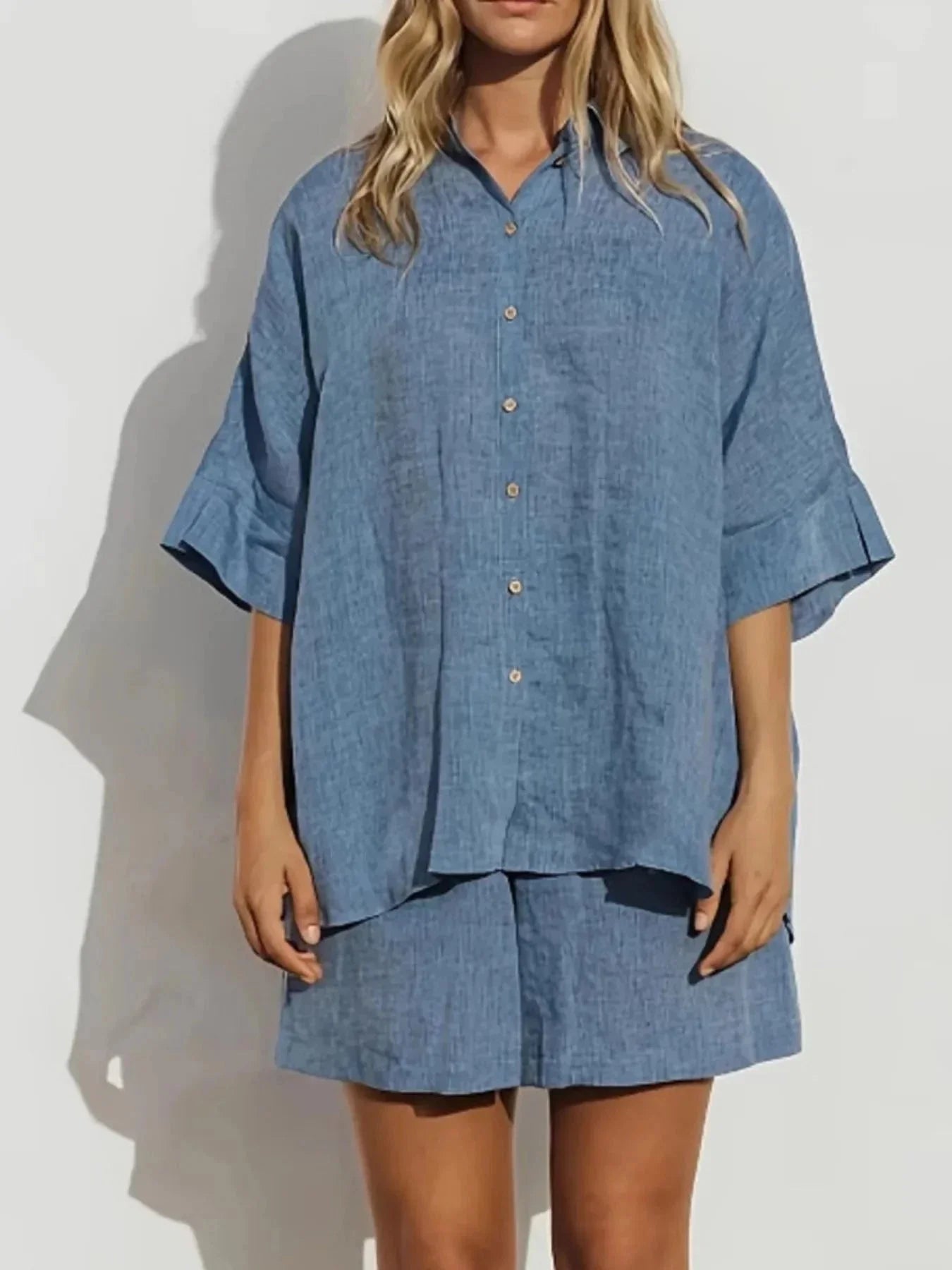 Button - Up Shirt and Shorts Set - VILLA FASHION