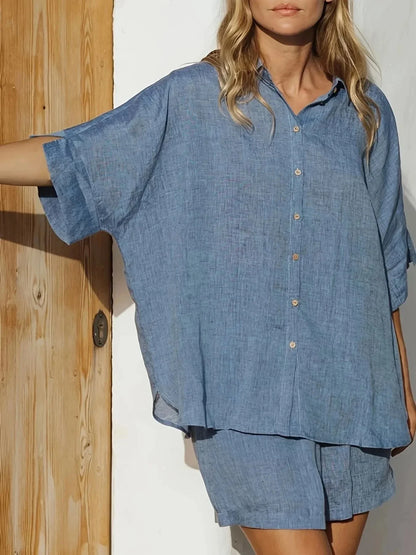 Button - Up Shirt and Shorts Set - VILLA FASHION