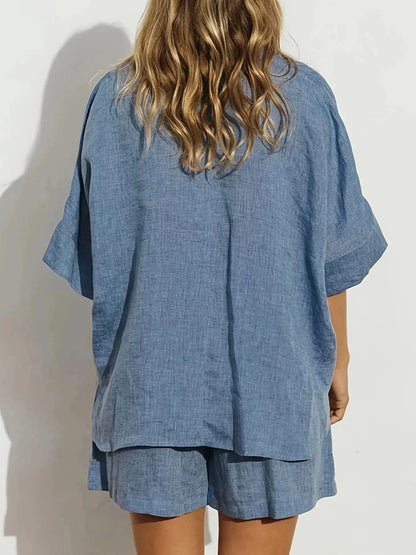 Button - Up Shirt and Shorts Set - VILLA FASHION