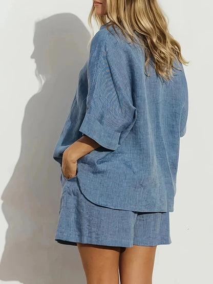 Button - Up Shirt and Shorts Set - VILLA FASHION