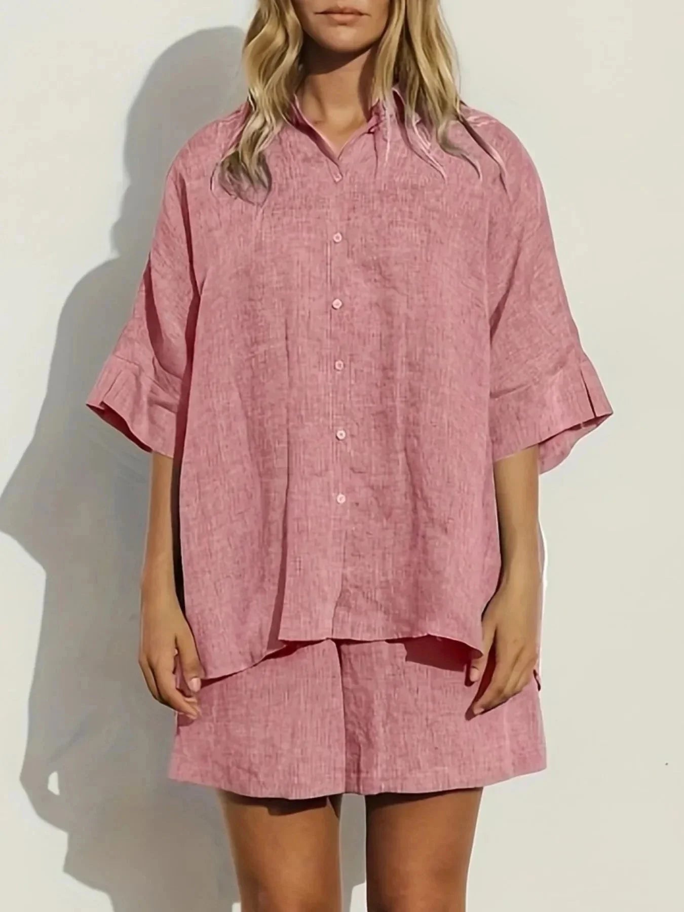 Button - Up Shirt and Shorts Set - VILLA FASHION