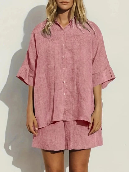 Button - Up Shirt and Shorts Set - VILLA FASHION