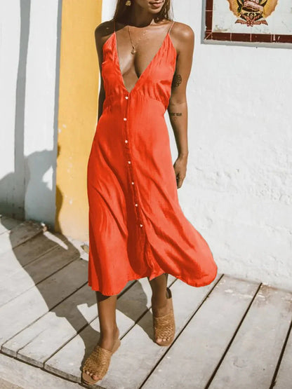 Buttoned Plunge Midi Cami Dress - VILLA FASHION
