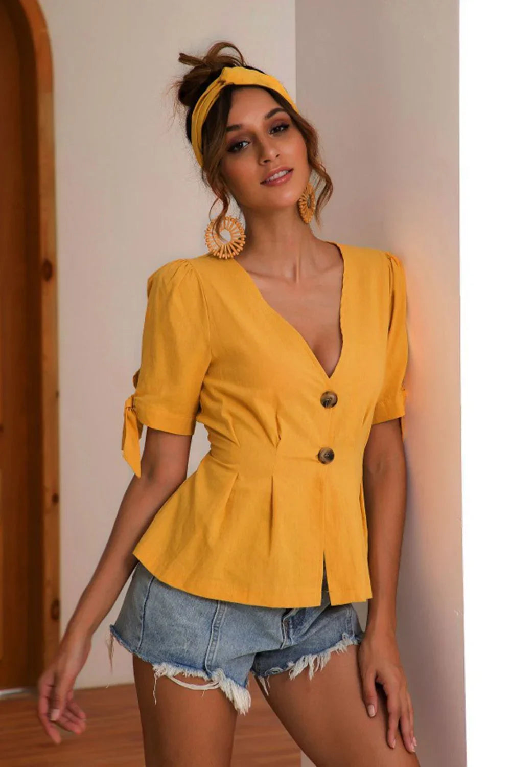Buttoned V - Neck Short Sleeve Blouse - VILLA FASHION
