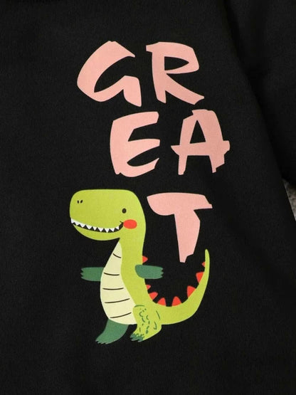 Children's dinosaur sweatshirt set with green cartoon dinosaur and pink lettering on black fabric