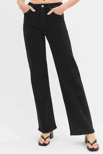 RISEN Full Size black high rise wide leg jeans plus size with pockets and slight stretch