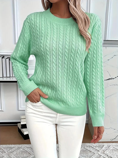 Cable Knit Round Neck Sweater - VILLA FASHION
