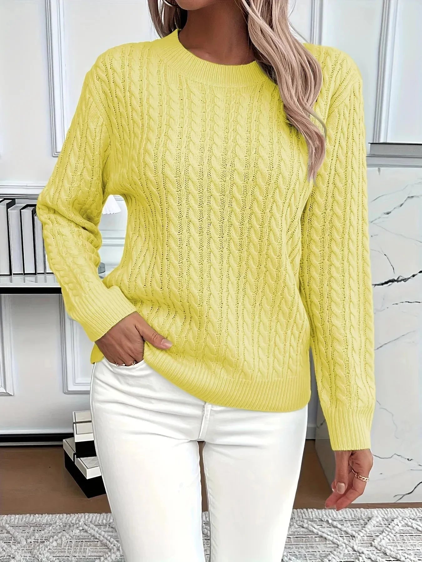 Cable Knit Round Neck Sweater - VILLA FASHION