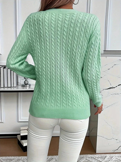 Cable Knit Round Neck Sweater - VILLA FASHION