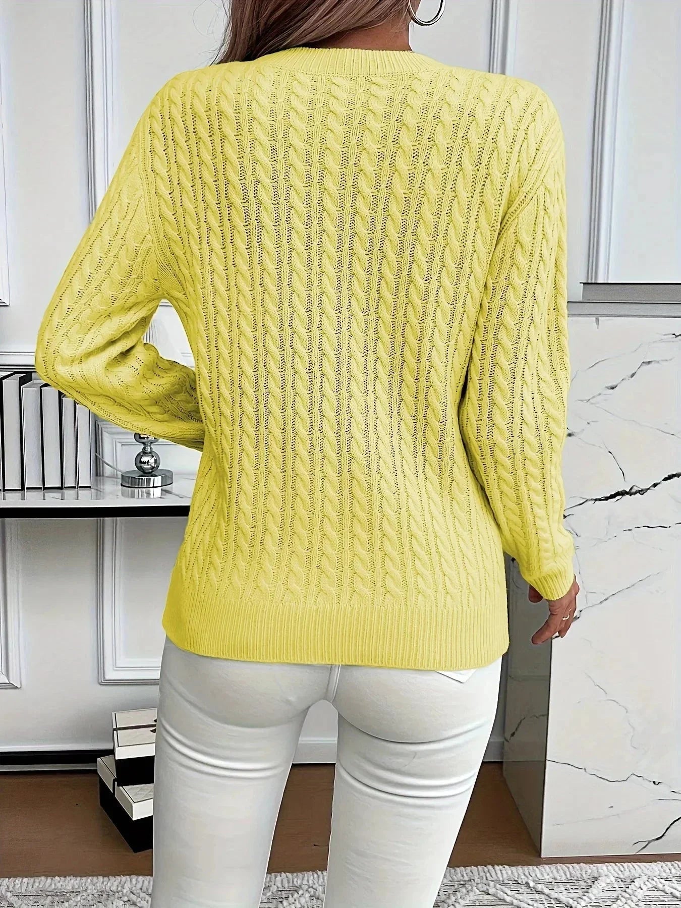 Cable Knit Round Neck Sweater - VILLA FASHION