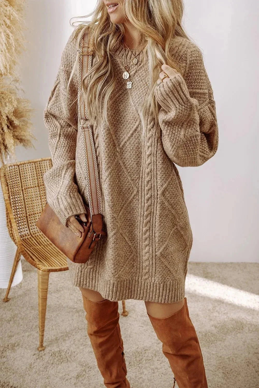 Cable - Knit Round Neck Sweater Dress - VILLA FASHION