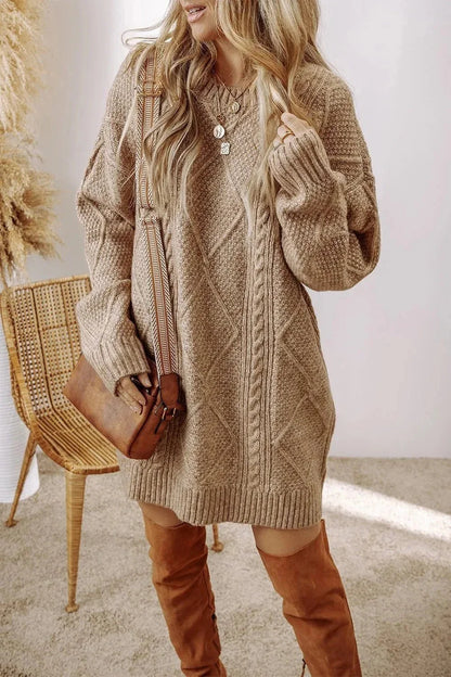 Cable - Knit Round Neck Sweater Dress - VILLA FASHION