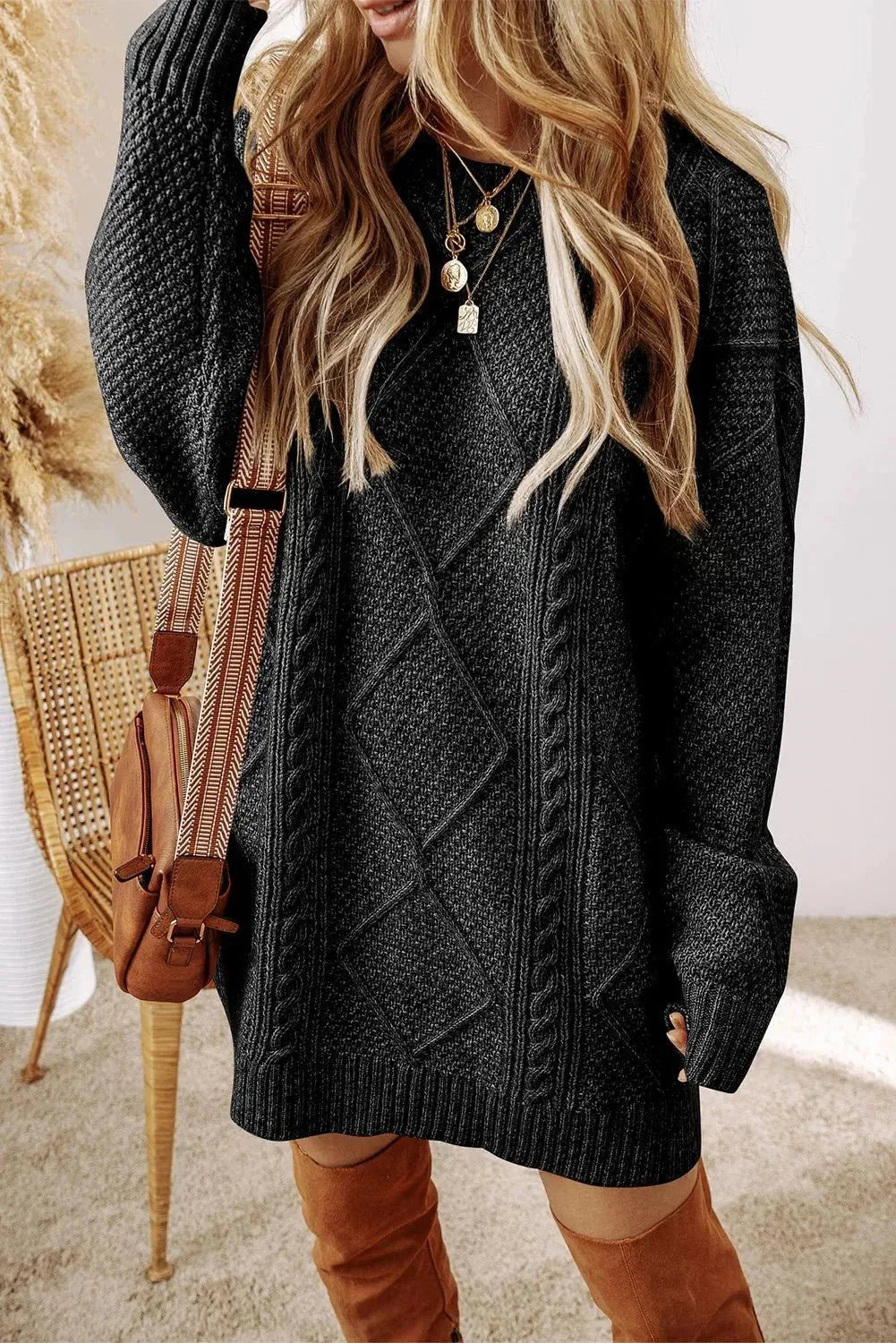 Cable - Knit Round Neck Sweater Dress - VILLA FASHION