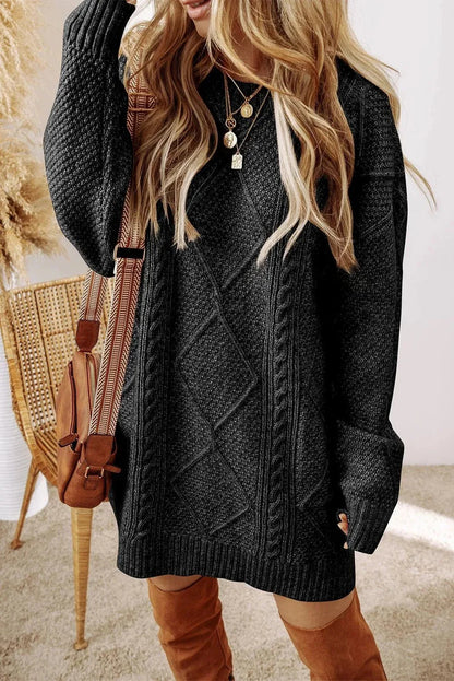 Cable - Knit Round Neck Sweater Dress - VILLA FASHION
