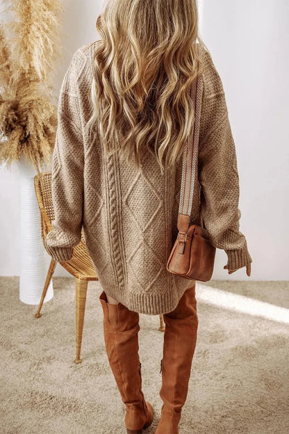 Cable - Knit Round Neck Sweater Dress - VILLA FASHION